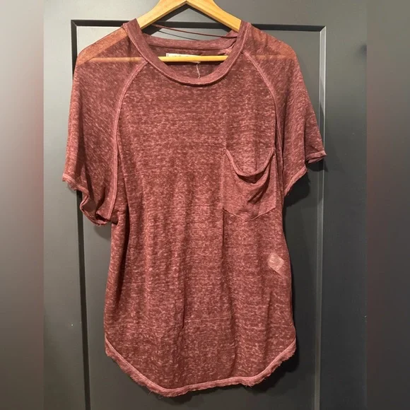 We The Free Burgundy Short Sleeve Sheer Tee - Picture 1 of 4